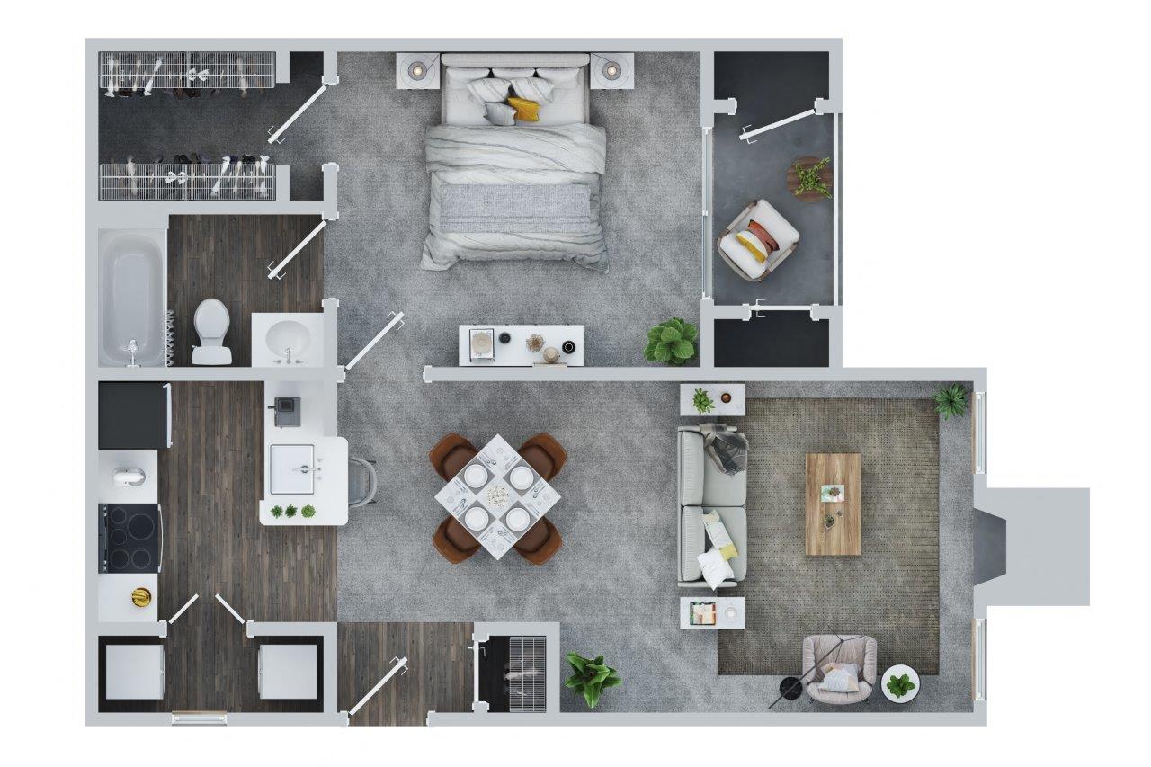 Floor plan for 1 bed, 1 bath, 713 sqft